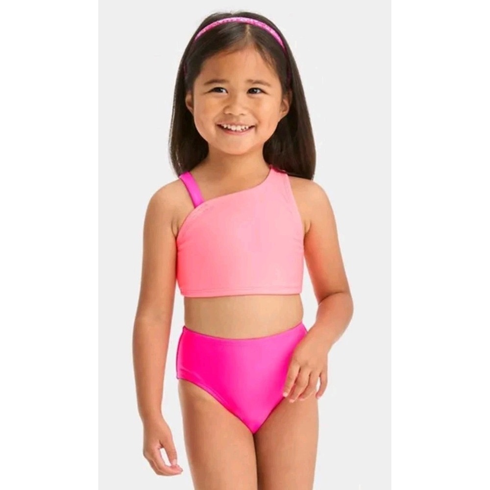 Cat & Jack Girls Swimsuit Bikini Tankini High Waisted Bright Pink Coral Swim 6/7